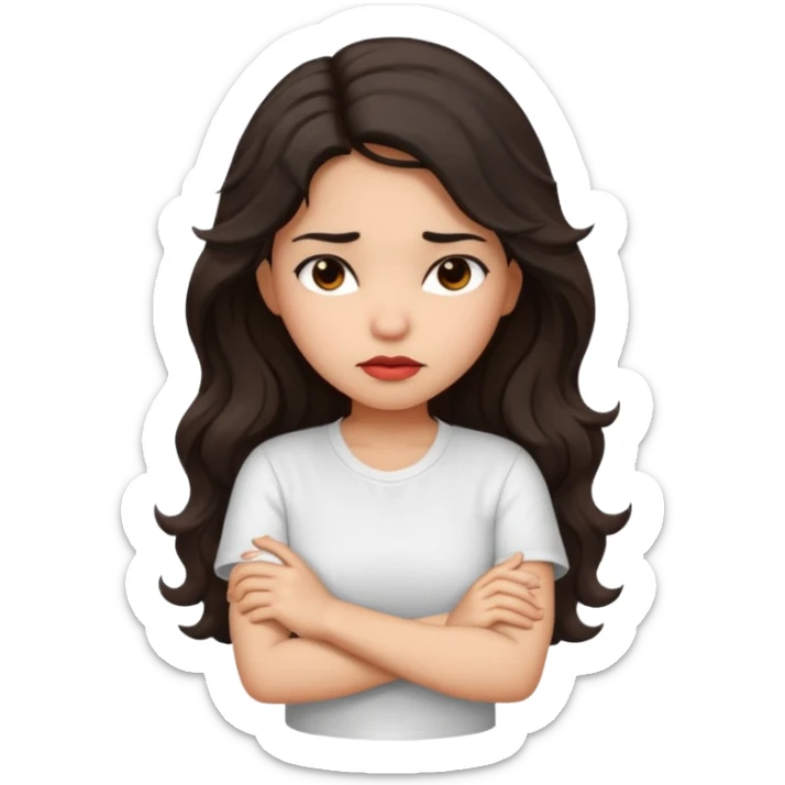Hispanic girl with long dark wavy hair crossing her arms and slightly pouting sticker