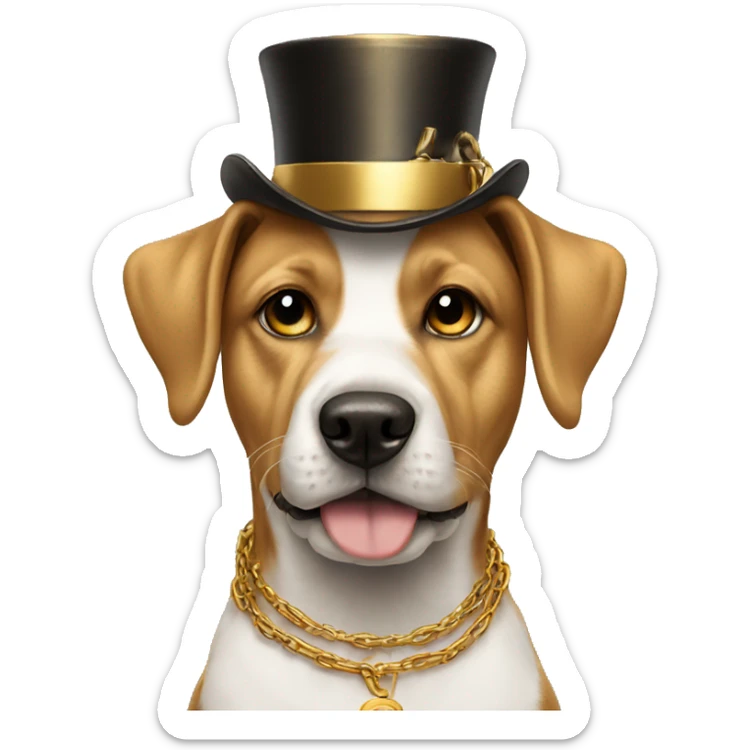dog wearing golden chains and a golden tophat sticker