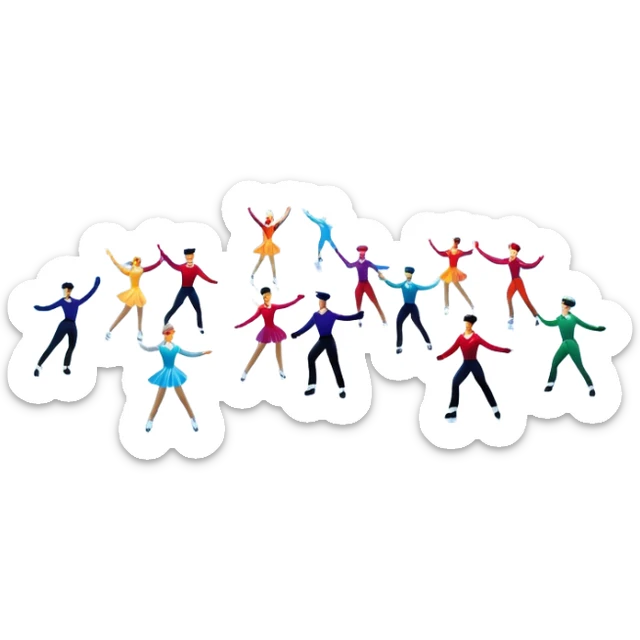 An icon of a theatrical ice show with close-up costumed figure skaters performing a dramatic scene on a glowing ice stage. Spotlights, colorful scenery, and a cheering audience in a grand arena convey the magic and artistry of the ice performance. Transparent background included. sticker