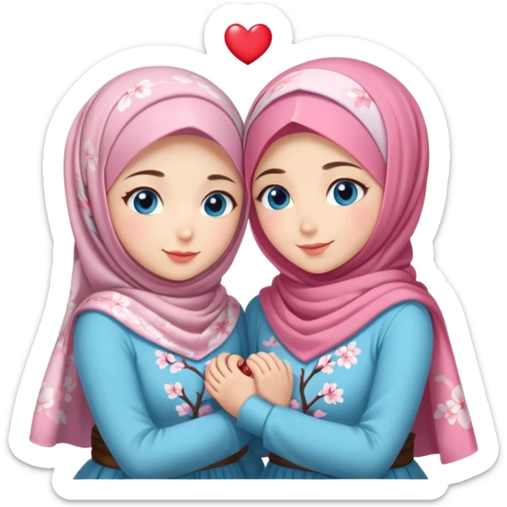 Two friendly Turkish girls beautiful finish Konya blue eyes with cherry blossom hijab and heart dress and hugs  sticker