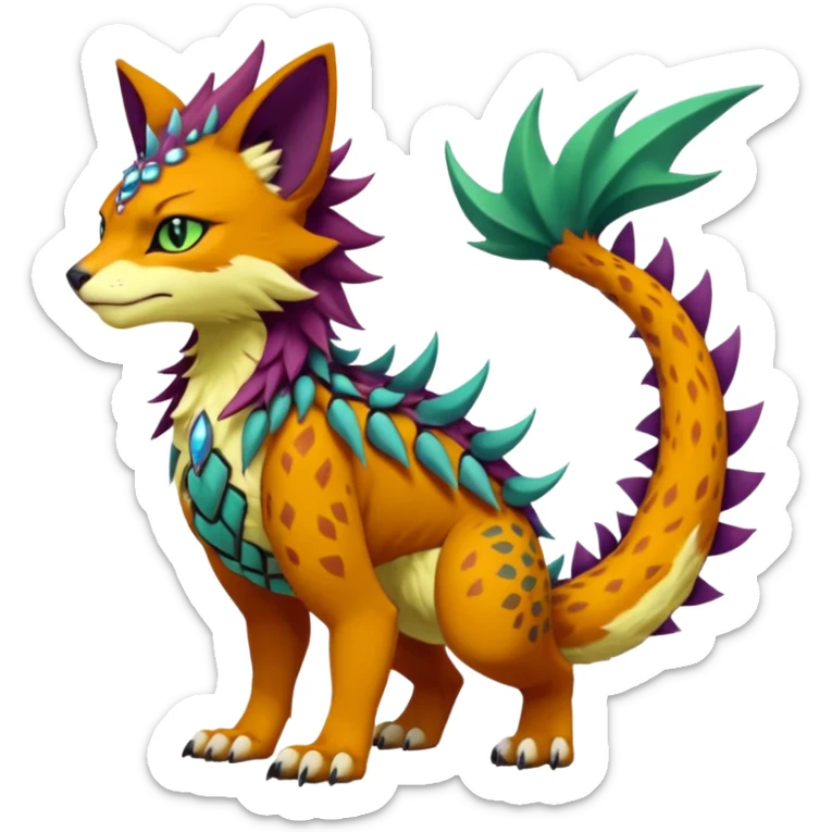 Kawaii cute reddish orangish yellowish greenish purplish exotic tribal beautiful pretty elegant divine edgy feline-vernid-sergal-Fakémon-Pokémon-Digimon-fursona-animal-creature with accessories, jewelries, full body, with intricate detailed markings, furs, fins, scales, spiny sticker