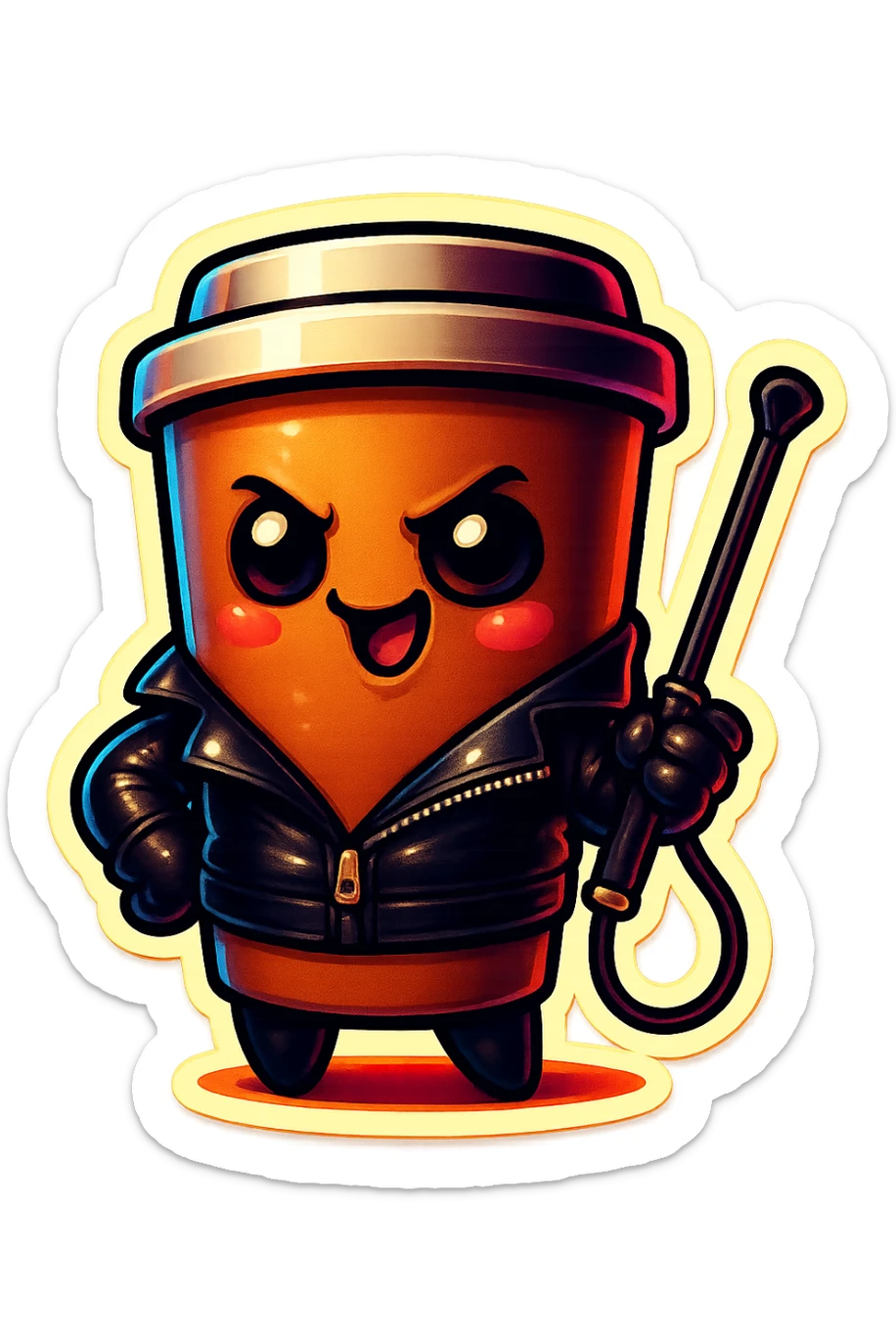 Tall coffee cup, dressed in leather holding a whipping crop, mischevious, sticker