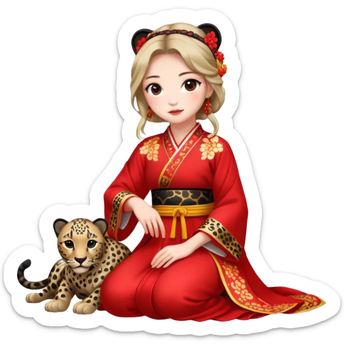 A beautiful girl in red Hanfu wedding dress sits on the ground holding a black leopard sticker