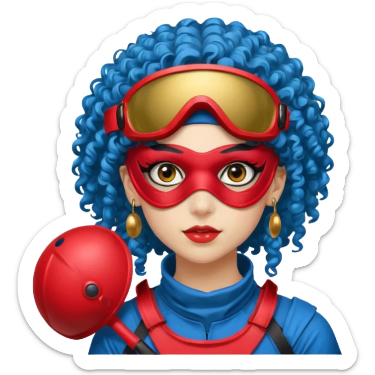 blue curly haired paintball playergirl with huge earrings, wearing red paintball eye mask helmet sticker