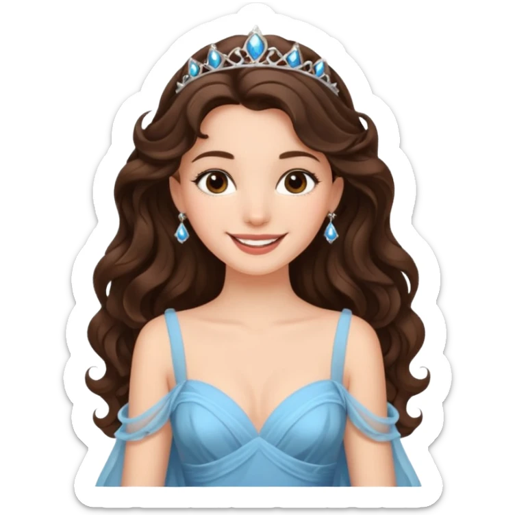 a beautiful brunette wavy flowy hair princess wearing a gown with elegant piercing and smile gently  sticker