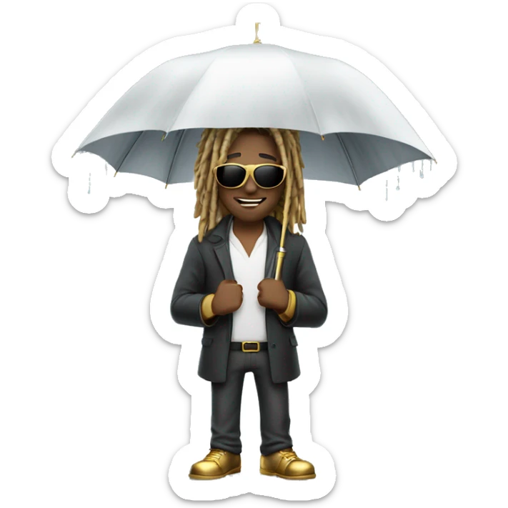 White male with dreadlocks gold sunglasses on holding umbrella for the rain but instead of rain its money  sticker