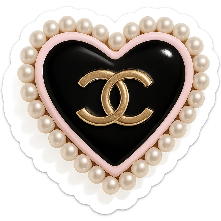  only the elegant heart with pearls and gold Chanel logo, glossy, pastel colors with no background. black pink,  sticker