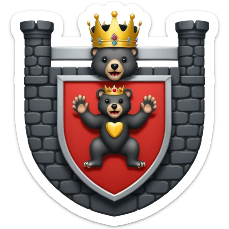 The coat of arms shows on a silver (white) shield, a black bear rampant with tongue and claws in red. On the shield rests a golden five leaved crest coronet, whose tiara of brickwork is provided with a gate in the center. sticker
