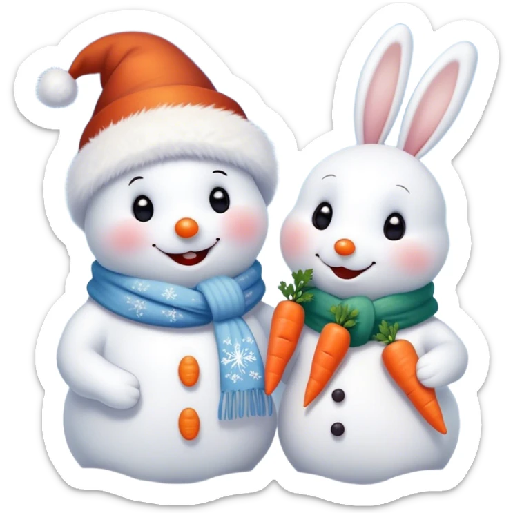 The detailed digital illustration shows a snowman in a Christmas hat and scarf. The snowman is depicted in close-up. Next to it is a cute bunny who wants to depict a snowman and holds a carrot with his paws at the level of his nose, thereby demonstrating to the snowman that his nose looks like a snowman's nose. The snowman is joyful, looks lovingly at the mischievous bunny. Snowflakes are falling from the sky, the whole scene should have a soft and cozy winter aesthetic. The style of this illustration is the same as that of the famous artist Evgenia Gapchinskaya. sticker