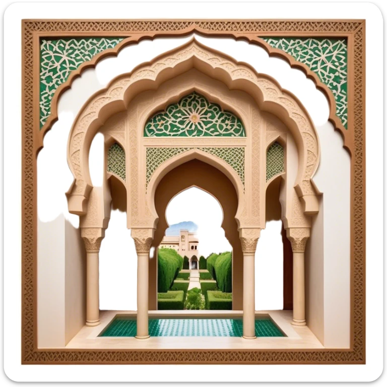 Alhambra – Cinematic Realistic Alhambra, depicted as a majestic Moorish palace with intricately carved arches, lush courtyards, and detailed tile work, bathed in soft golden light and dynamic shadows that highlight its opulent historical beauty. sticker