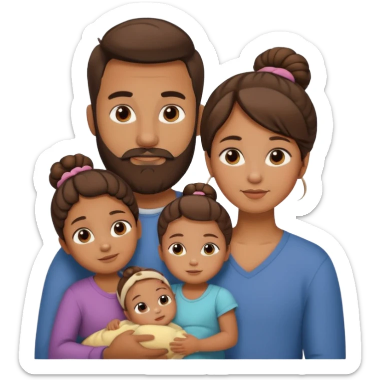 brown family of 5. mom has bun. dad has beard. teenage daughter. toddler son. and baby sticker