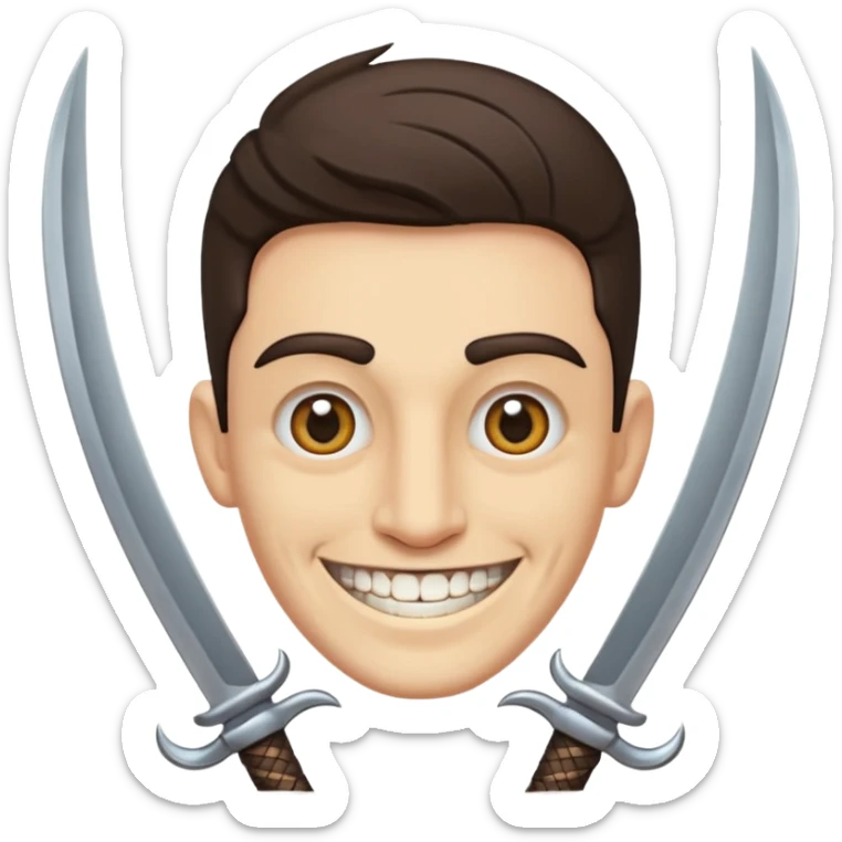 Haz que tenga una sonrisa epica una cicatriz en el ojo serrado y una espada entre los dientes y dos más a cada lado. sticker