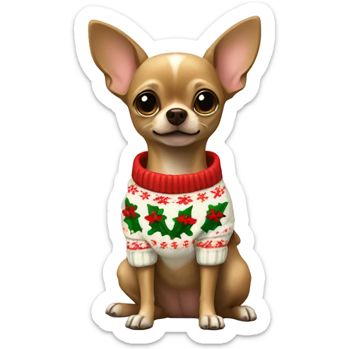 A brown chihuahua with a Christmas sweater and a hyacinth flower in his paw sticker