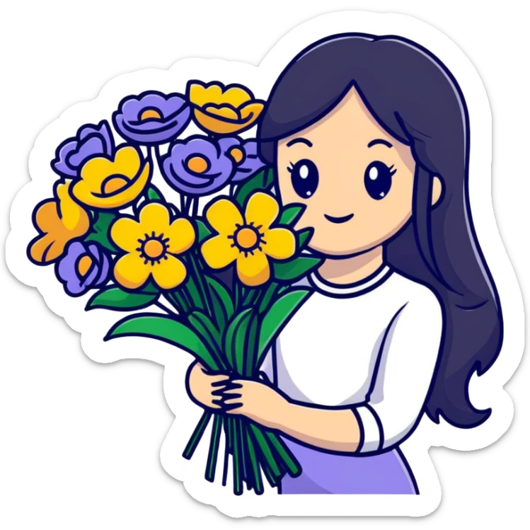 Beautiful girl with long black hair holding a bouquet of flowers sticker
