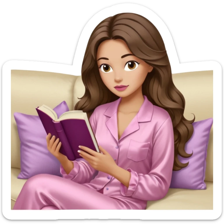 Woman with light tanned skin reading a book on Beige sofa. Long wavy brunette hair. Ivory silk pyjamas. Realistic. Foxeye with long lashes. Pinky mauve lips. sticker