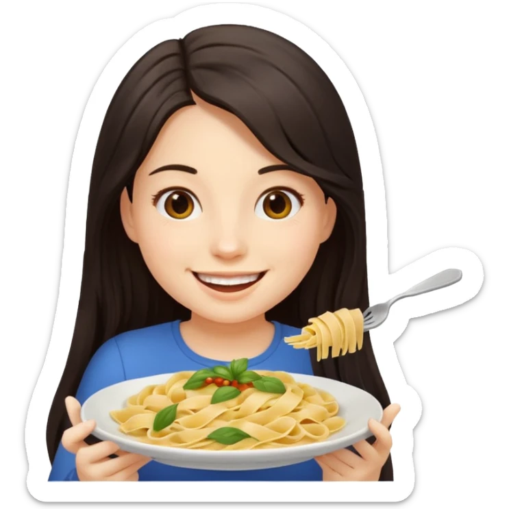 chica joven con piel clara y pelo oscuro largo comiendo un plato de pasta que parezca un emoji de iphone (sistema ios) sticker