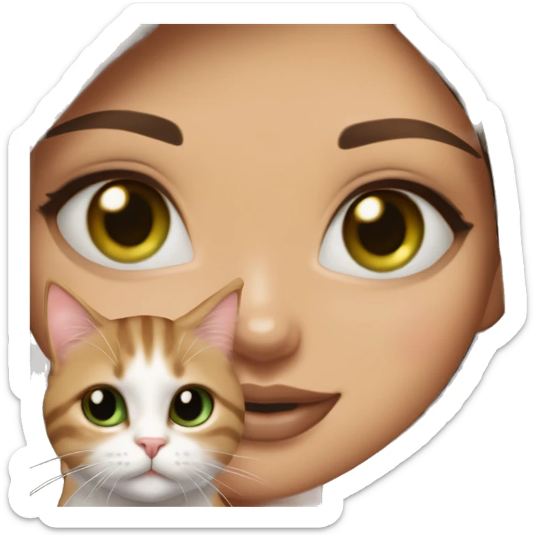 A girl with green eyes and dark brown straight hair, and makeup nude lipstick and eyelashes, slightly tanned, oval light pink fingernails, white top, holding a brown tabby cat with green eyes sticker