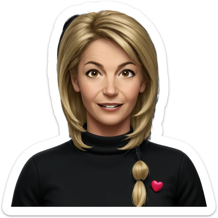 blonde girl smiling against black sticker