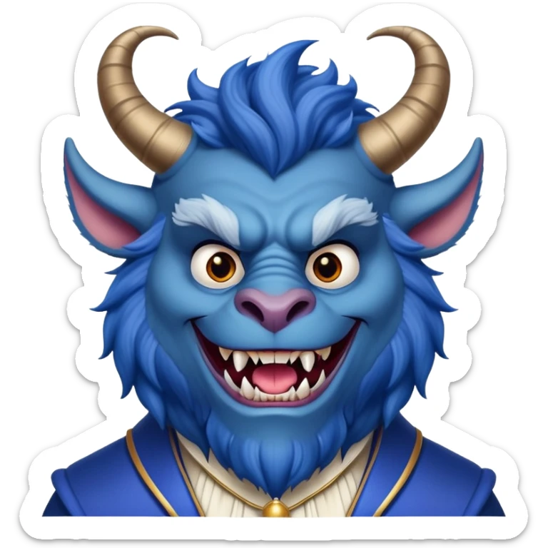 The Beast from Beauty and the Beast, furry blue monster with horns and fangs wearing elegant royal clothes sticker