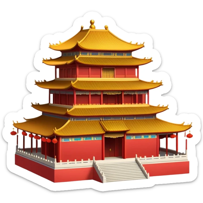 Imperial Chinese palace building with red walls, golden roof decorations sticker
