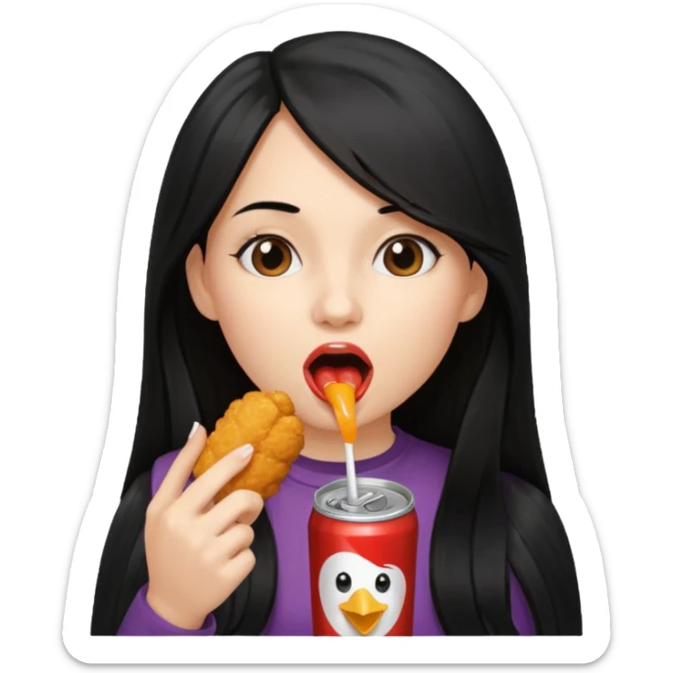 girl with long black hair eating with mouth on the chicken nugget and holding a soda can sticker
