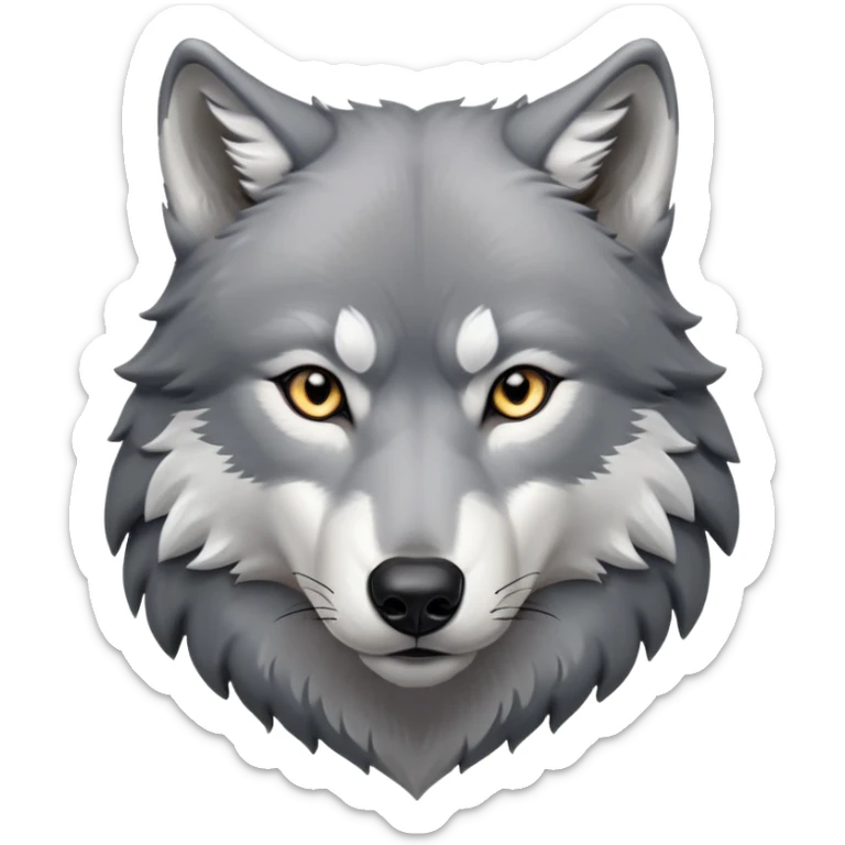 cinematic-noble-realistic-wolf-portrait-emoji,-poised-and-regal,-with-a-strong,-lean-build-and-a-sleek,-well-groomed-fur-of-grey-and-white,-deep-set-soulful-piercing-eyes,-simplified-yet-sharp-and-sophisticated-features,-highly-detailed,zoomed out showing shoulders sticker