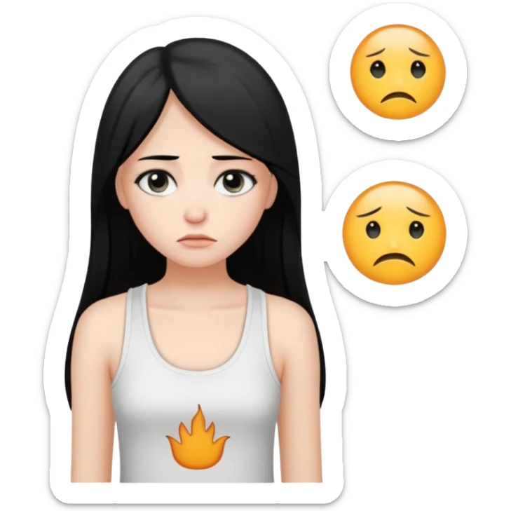 a pretty bratz fair girl with long straight black hair  with a white tank top slightly sad sticker