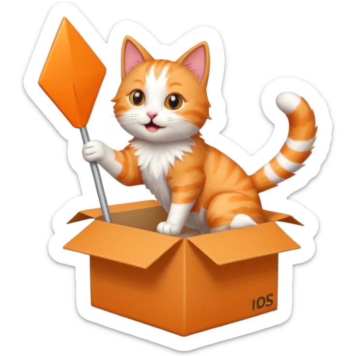 cat jumping out of a box with a white arrow showing the direction of the cat out of the box sticker