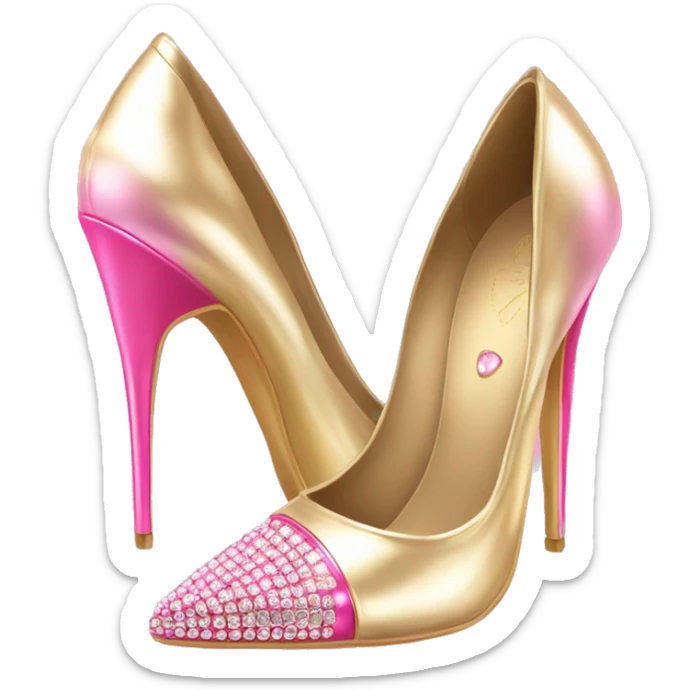 Realistic isolated top view of a pair of metallic light gold and metallic light bubblegum pink pointed toe high heel shoes with diamonds on the top of the toes. sticker