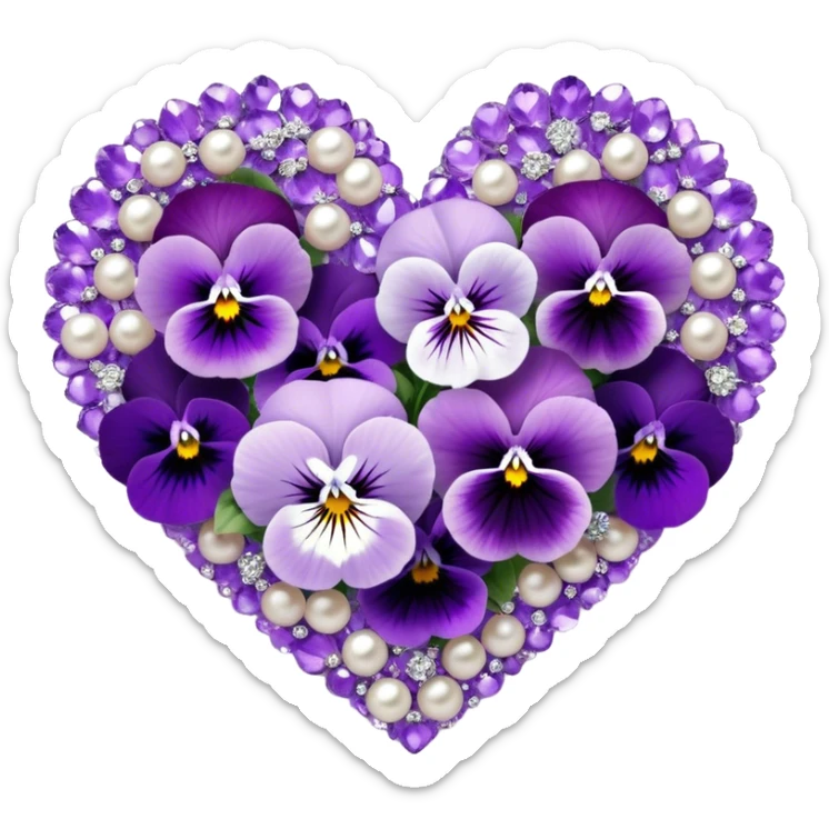 An exquisite heart-shaped bouquet composed of deep lilac flowers and ice violet pansies, harmoniously blended with amethyst and pastel purple tones, is delicately placed on smooth pearl satin fabric, its beauty further enhanced by the subtle sparkle of tiny silver adornments. sticker