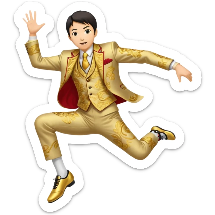 japanese yoshiro nakamatsu in crazy gold emroidered suit jumping in jumping shoes sticker