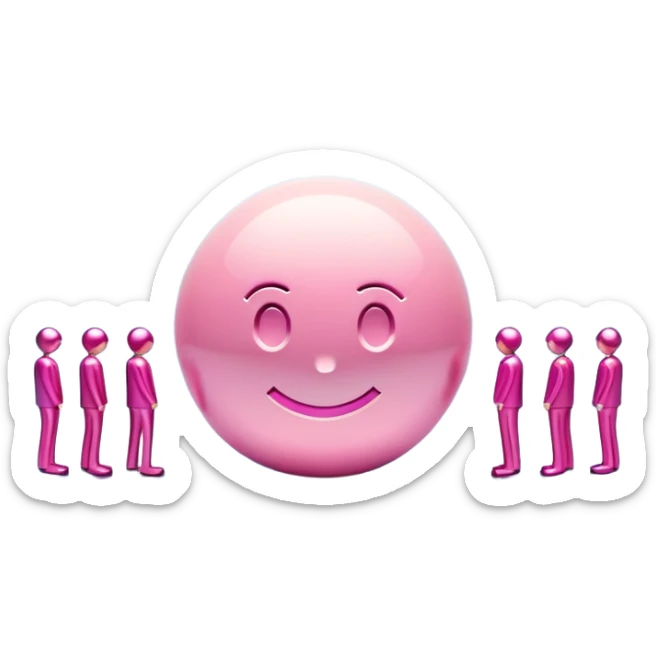 the word EMOJI, made of high polished pink metal, standing on a marble floor with a blue wall of pbr reflections behind it. Tiny people around it as if working on it to create it. sticker