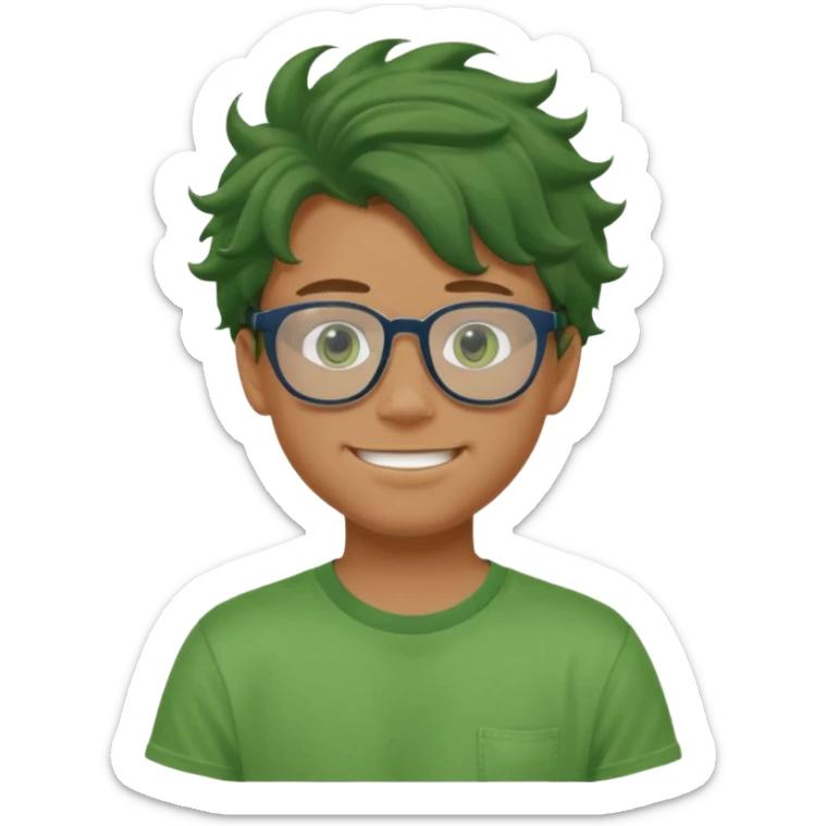 A teenage boy, tanned with glasses, wearing a green t-shirt , blue jeans and green sneakers with brown wavy tousled hair, smirking, wearing a green face mask sticker