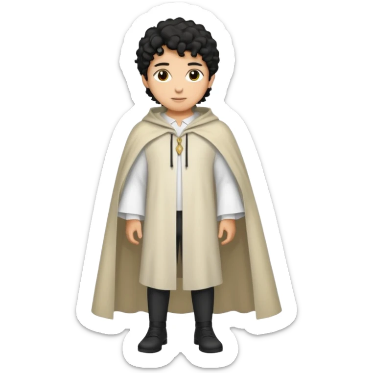 Apariencia: Joven de unos 25-30 años, atractivo,.
-Rostro: Ojos oscuros, piel ligeramente morena, rasgos árabes finos.
-Cabello: Negro, rizado corto, viste como cristiano (camisa blanca, capa corta, colores sobrios). Que salga de cuerpo completo sticker