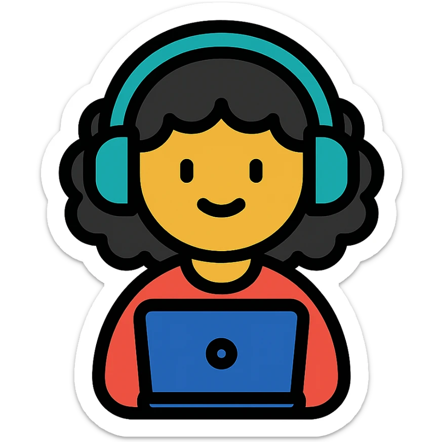 curly hair girl with headphones and a laptop, color outline icon sticker