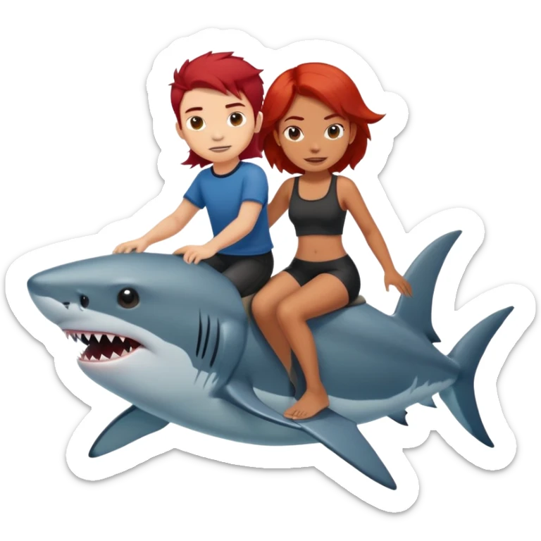 Red hair girl and black hair boy riding a shark sticker