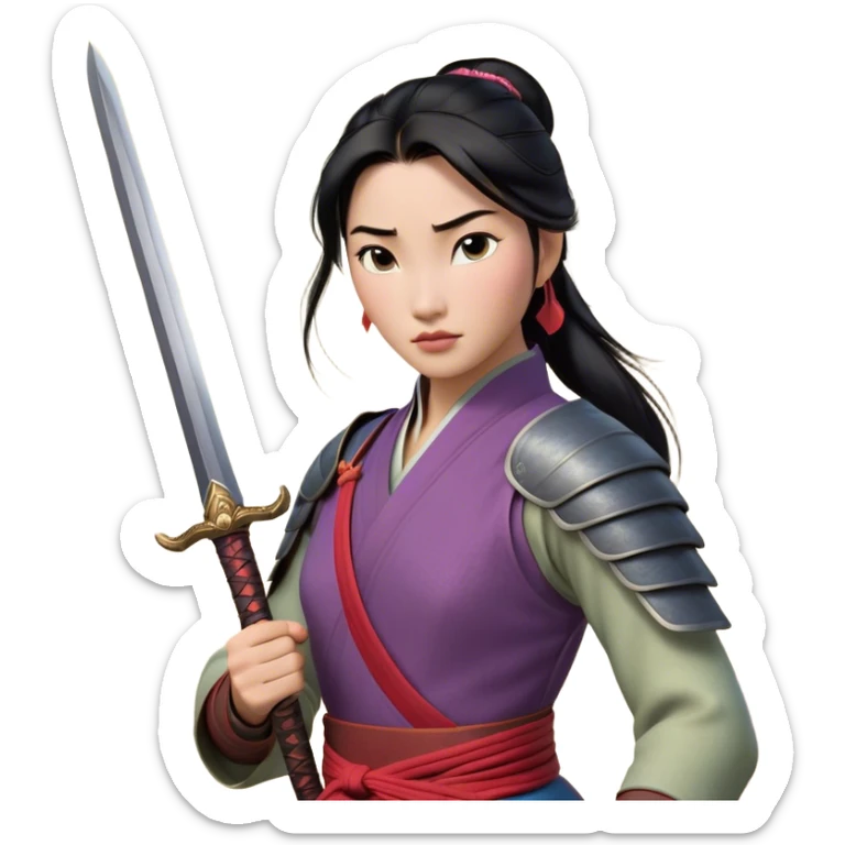 Cinematic Realistic Mulan Portrait, depicted with lifelike skin texture, soft natural lighting, and intricately detailed long black hair styled elegantly. Her deep, expressive eyes exude determination and grace, complemented by a serene yet confident expression. She stands with one hand resting on the hilt of her sword, the other by her side, exuding strength and poise. She is dressed in her classic attire, with rich fabric textures and delicate folds that catch the light beautifully. The portrait features a soft, enchanting glow with a natural, radiant finish, capturing the essence of timeless strength and beauty in a realistic and painterly style, evoking a sense of depth and authenticity. sticker