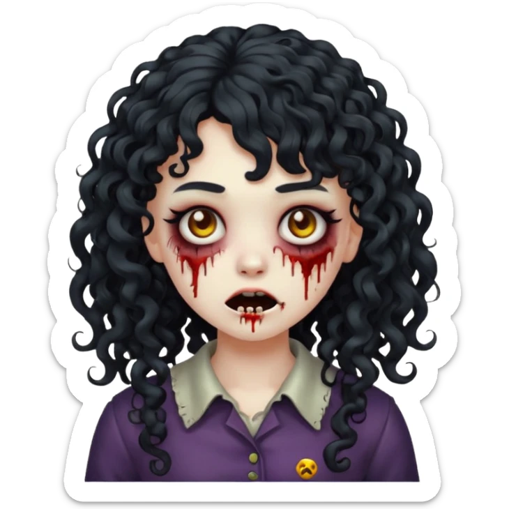 Emoji garota zombie com cabelo preto cacheado longo com franja cacheada sem volume sticker