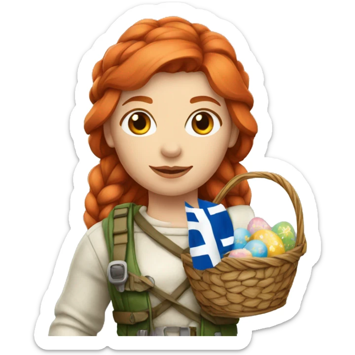 red hair female winter mountaineer with Greek flag and easter basket sticker