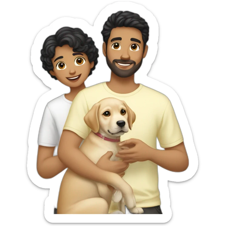 gay-couple,-1-guy white straight blackhair australian-and-1-australian-white-guy-with-blackhair-slightly-curly-holding one light yellow labrador retriever puppy one labrador retriever puppy sticker