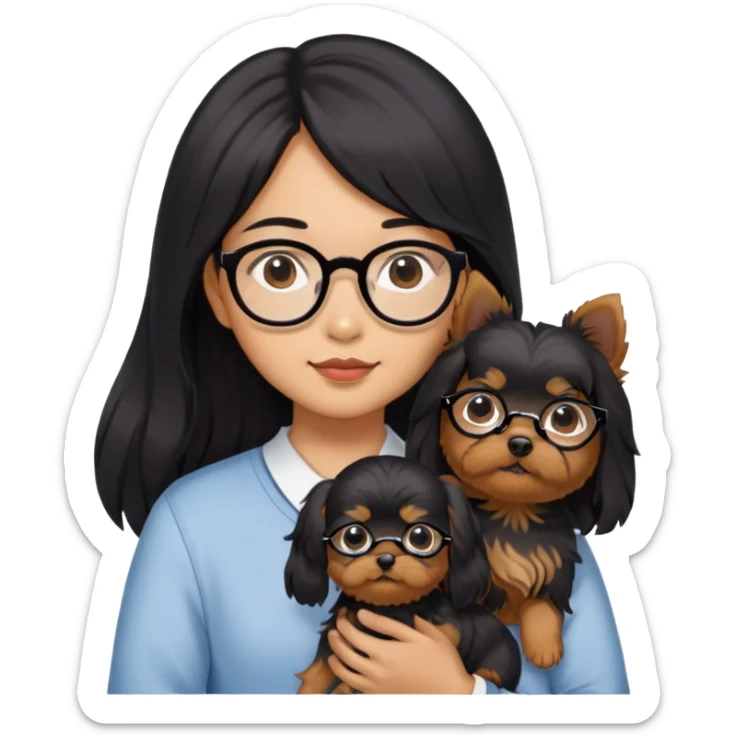 A couple holding a small Yorkshire Terrier together. The girl is Asian with long, luscious wavy black hair (loose, no hair tie). She is next to her boyfriend, a brown-skinned man wearing glasses with a korean haircut sticker