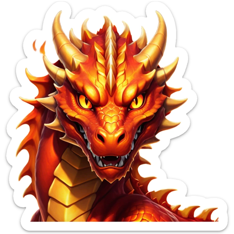 Cinematic Noble Fierce Fire Dragon Portrait Emoji, Poised and imposing, with a muscular, scaled body ablaze in fiery hues of crimson, molten orange, and molten gold, and intense, burning eyes that mirror the heart of a volcano; rendered with lifelike texture and dynamic natural highlights, high shine, formidable and intense, styled with an aura of scorching mythic power, focused and resolute, soft glowing outline, capturing the essence of a legendary inferno poised to ignite the screen with timeless ferocity! sticker