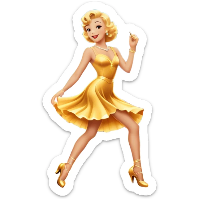 Vintage movie poster-style icon for a musical film. The cityscape glows in the background, evoking the golden era of musicals. A vibrant street scene with bright lights, dancers mid-step, a singer with a microphone. Transparent background. sticker