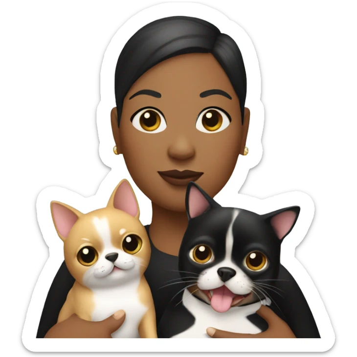 Fat black woman with short blond hair, holding a tuxedo cat and a chihuahua sticker