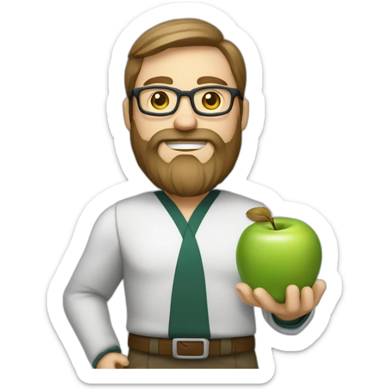 A male nutritionist with a full beard and dark blonde hair and white skin and glasses holding an apple in his hand. Without white kiltze. sticker