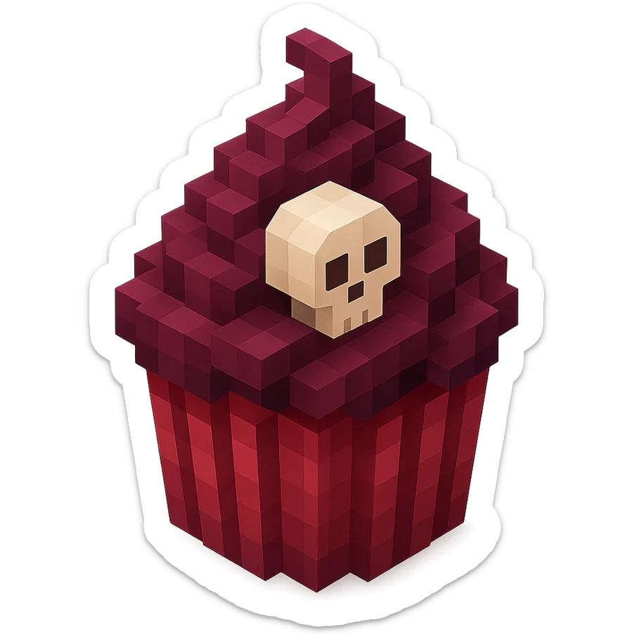 Gothic cupcake in voxel style with burgundy color, no background. sticker