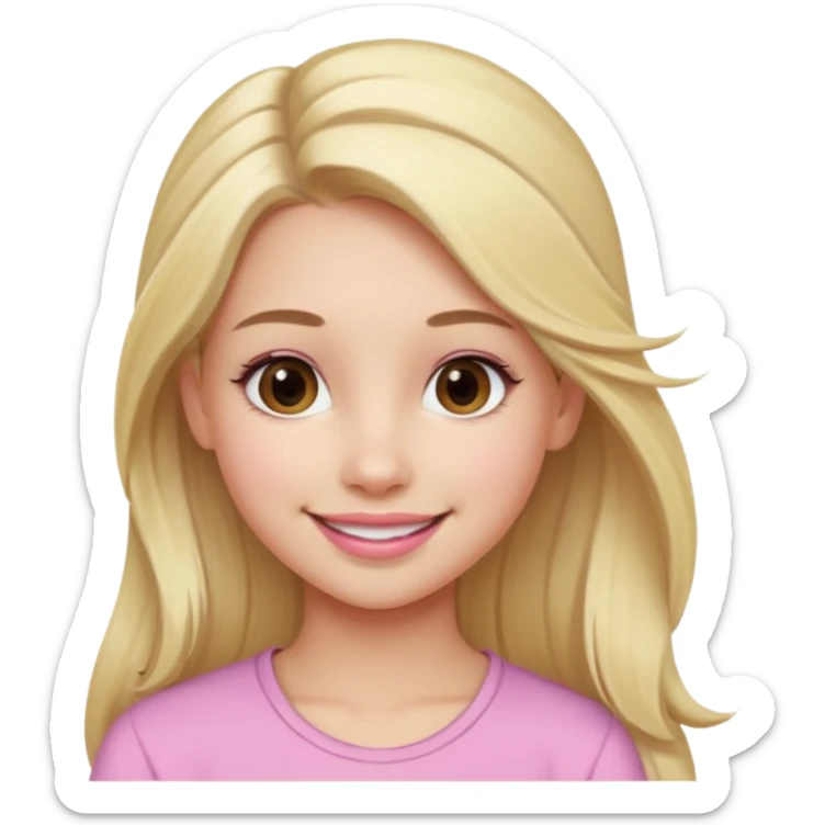a cute woman like a barbie is smiling, her hair is long, blonde and half ponytail, her eyes color are brown and the color of her lip is soft pink sticker