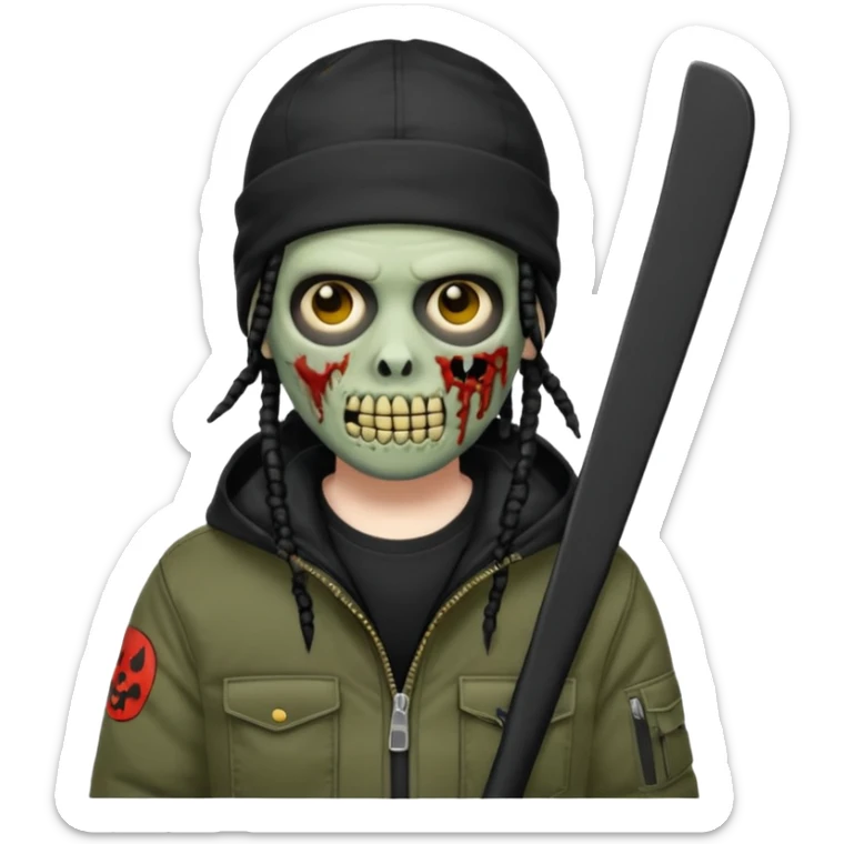 a zombie emoji with black dreads and a black carheartt jacket and black nike ski mask on his head sticker