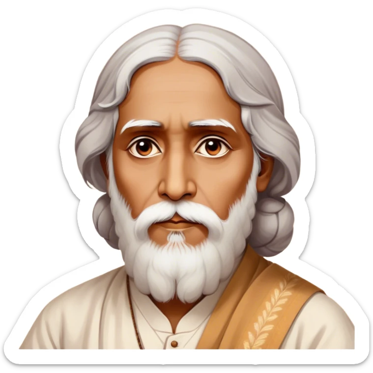 Rabindranath Tagore – Cinematic Realistic Portrait of Rabindranath Tagore, depicted with thoughtful, soulful eyes and gentle features, dressed in traditional Bengali attire with subtle artistic motifs, bathed in warm, soft lighting that evokes his poetic genius and timeless wisdom. sticker