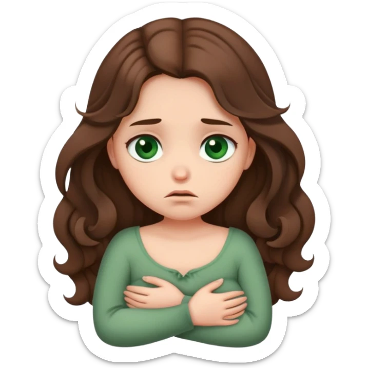 Sad Girl with curled brown long length hair and dark green eyes with belly ache sticker